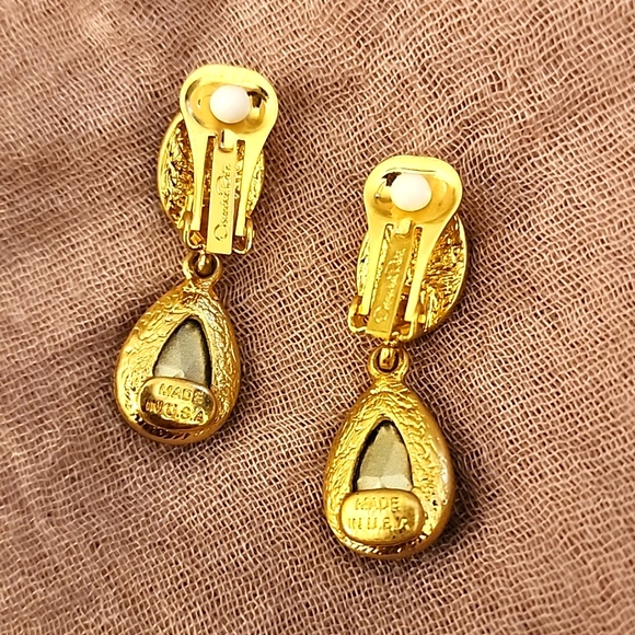 Oscar de la Renta Teardrop Malachite Emerald Green Earrings Gold Plated Clip On - Picture 3 of 6